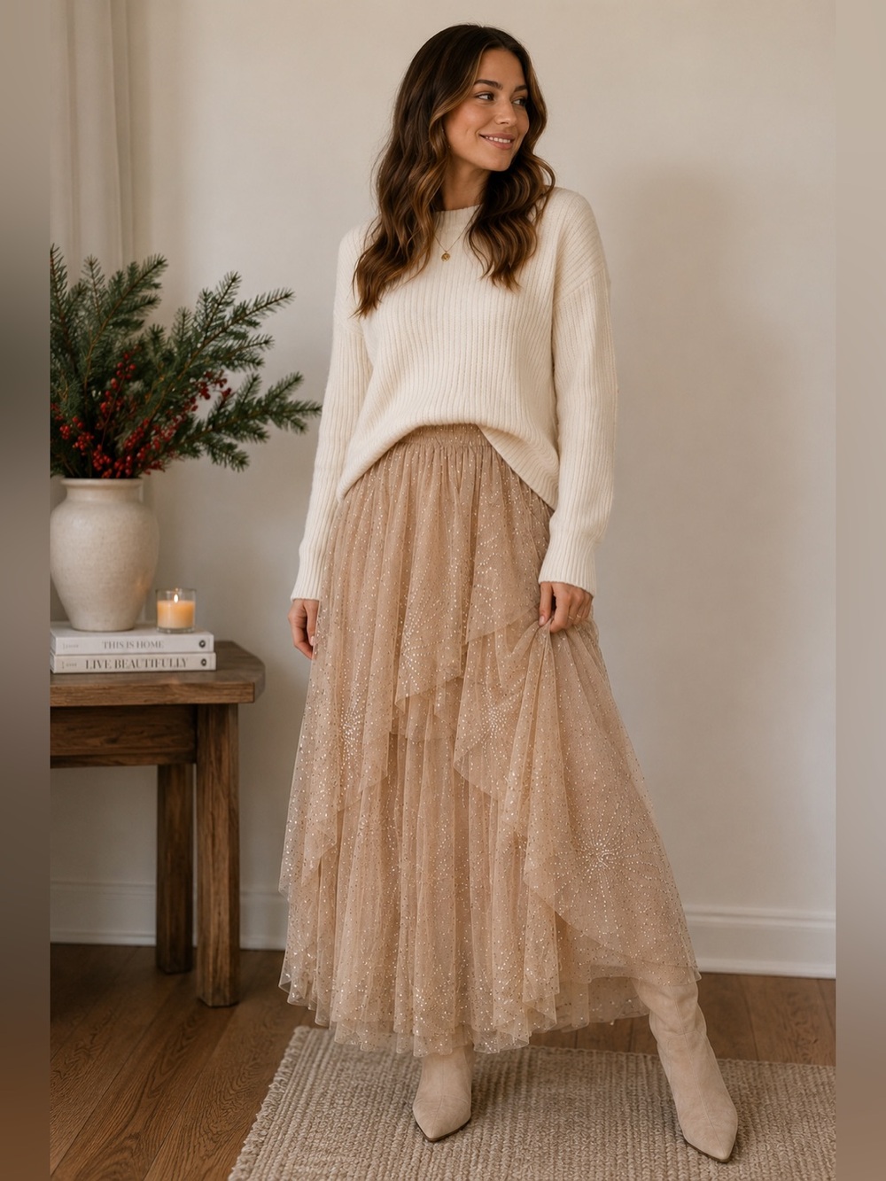 Free People Champagne Sparkle Tulle Maxi Skirt Layered Ruffle